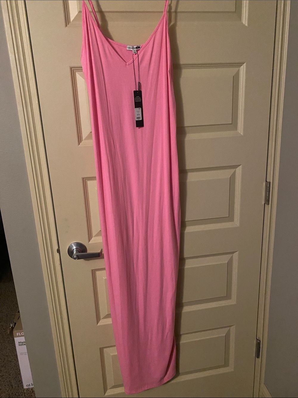 Fashion Nova Pink Ribbed V-Neck Maxi Slip Dress